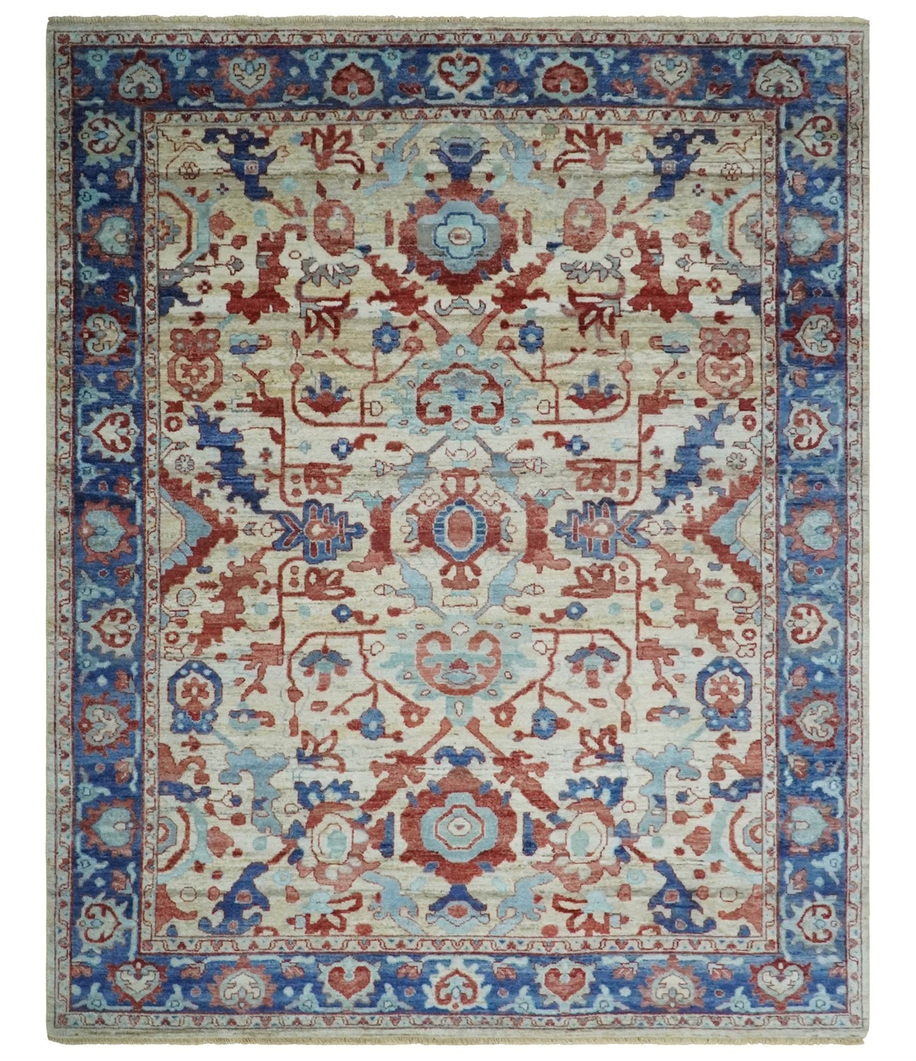 Hand Knotted Blue and Ivory Antique Vintage Style Custom Made Wool Rug, Living Room Rug