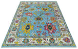 Custom Made Hand Knotted Vibrant colorful Blue and Ivory Traditional Oushak Wool Area Rug