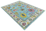 Custom Made Hand Knotted Vibrant colorful Blue and Ivory Traditional Oushak Wool Area Rug