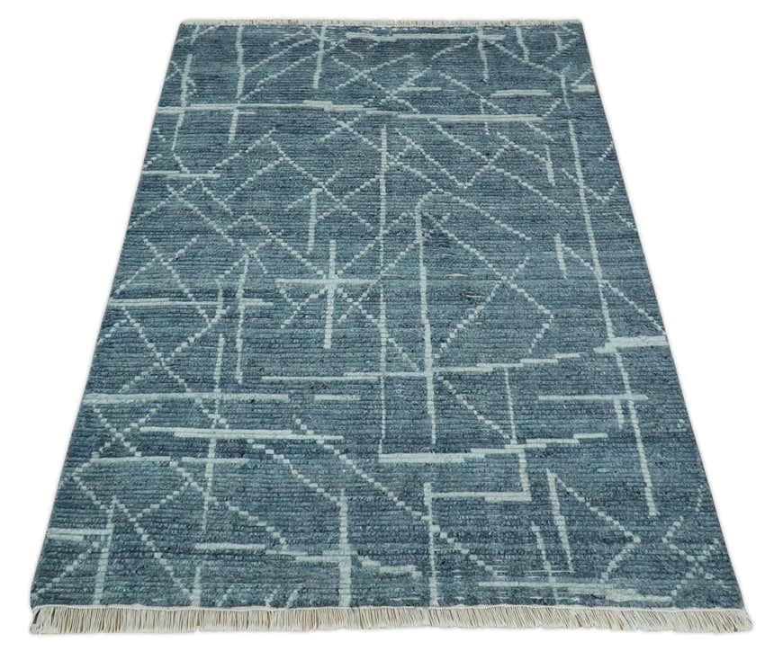 Hand Knotted Blue and Silver Trellis Moroccan Rug Made with Blended Wool Multi size Rug