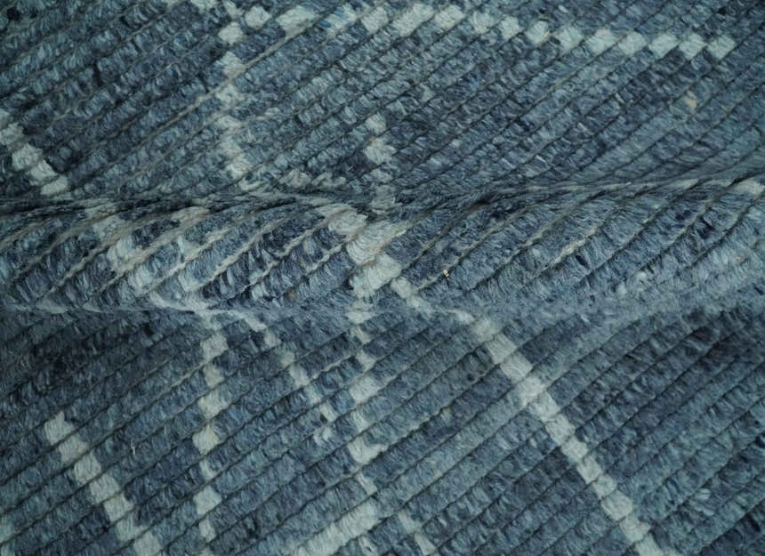 Hand Knotted Blue and Silver Trellis Moroccan Rug Made with Blended Wool Multi size Rug