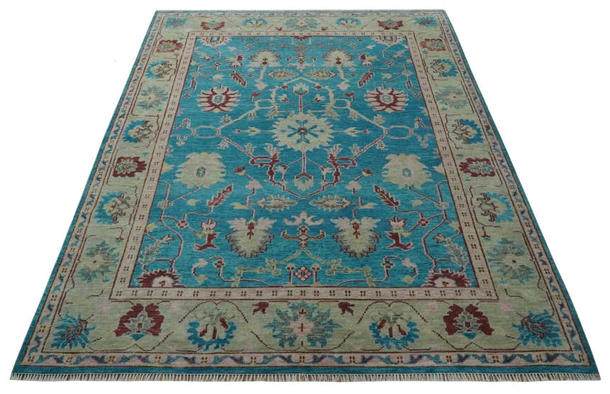 Hand Knotted Blue, Ivory and Maroon Oriental Oushak Multi Size Traditional Wool Area Rug