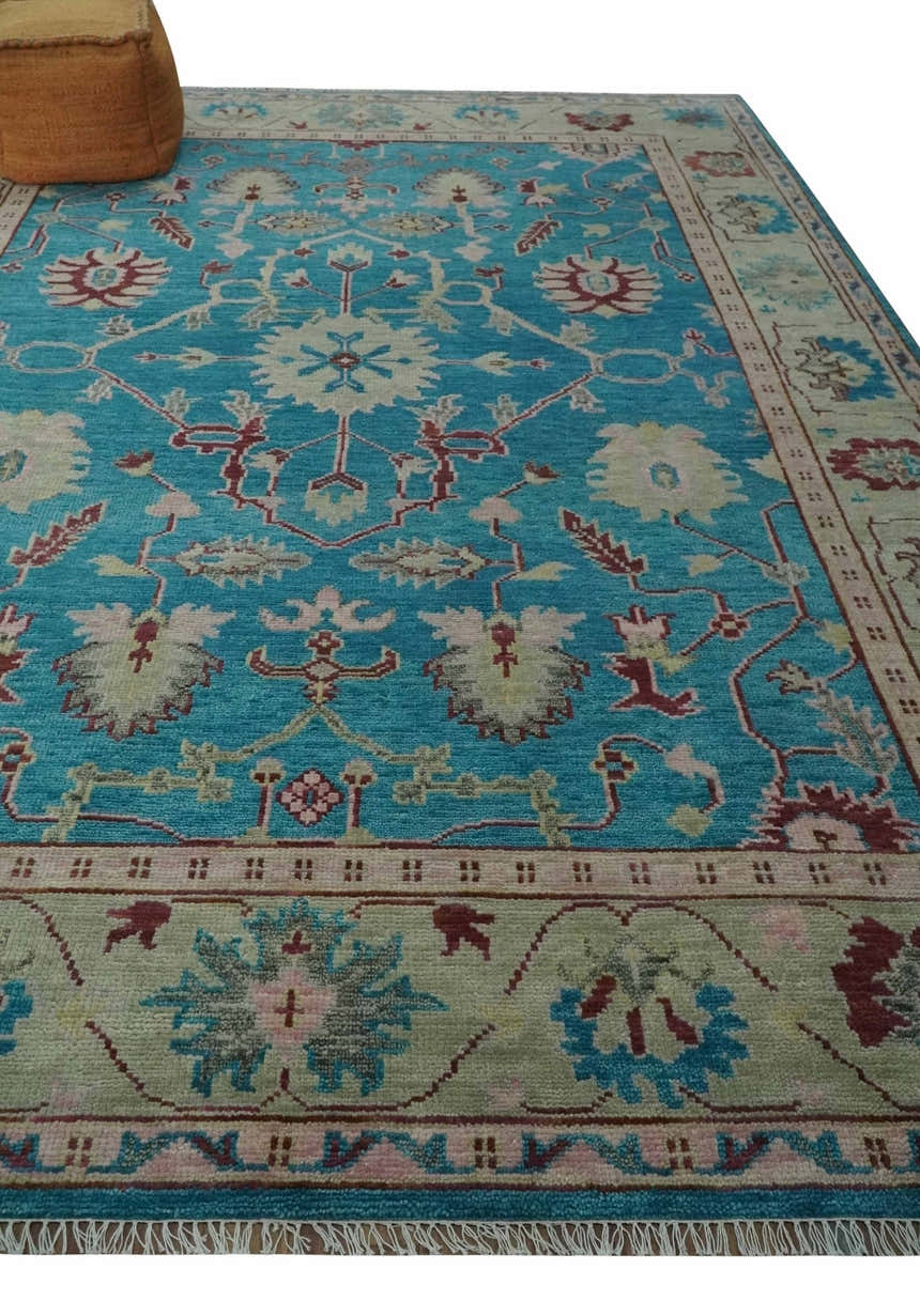 Hand Knotted Blue, Ivory and Maroon Oriental Oushak Multi Size Traditional Wool Area Rug