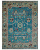 Hand Knotted Blue, Ivory and Maroon Oriental Oushak Multi Size Traditional Wool Area Rug