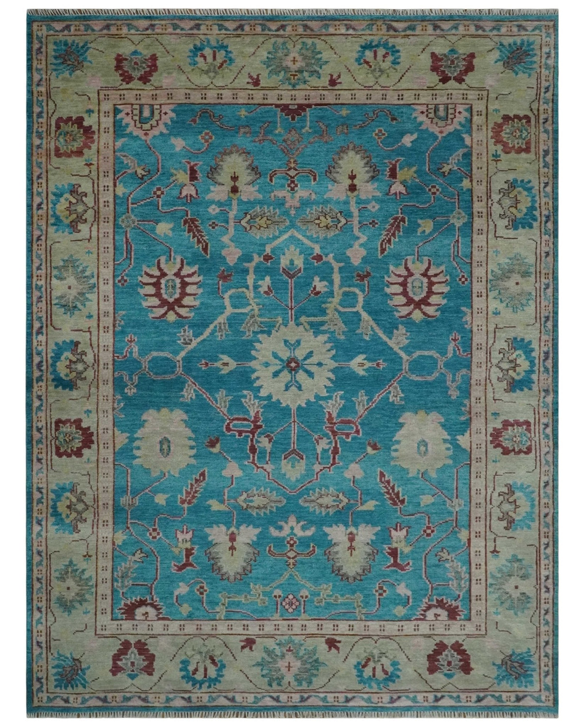 Hand Knotted Blue, Ivory and Maroon Oriental Oushak Multi Size Traditional Wool Area Rug