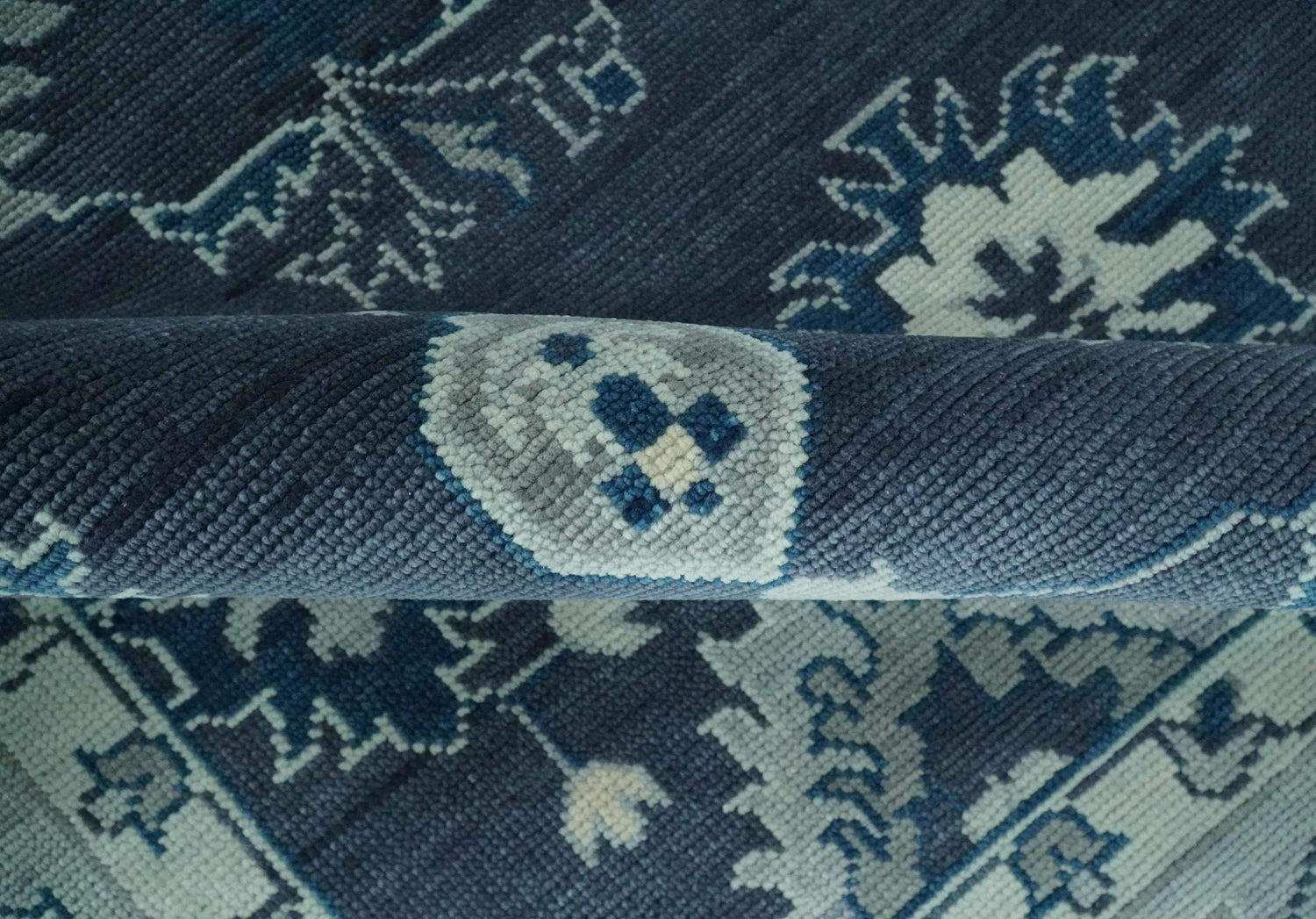 Hand Knotted Blue, Silver and Ivory Traditional Oushak Vintage Style Wool Rug