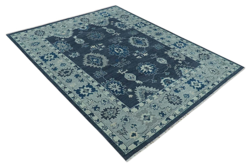 Hand Knotted Blue, Silver and Ivory Traditional Oushak Vintage Style Wool Rug