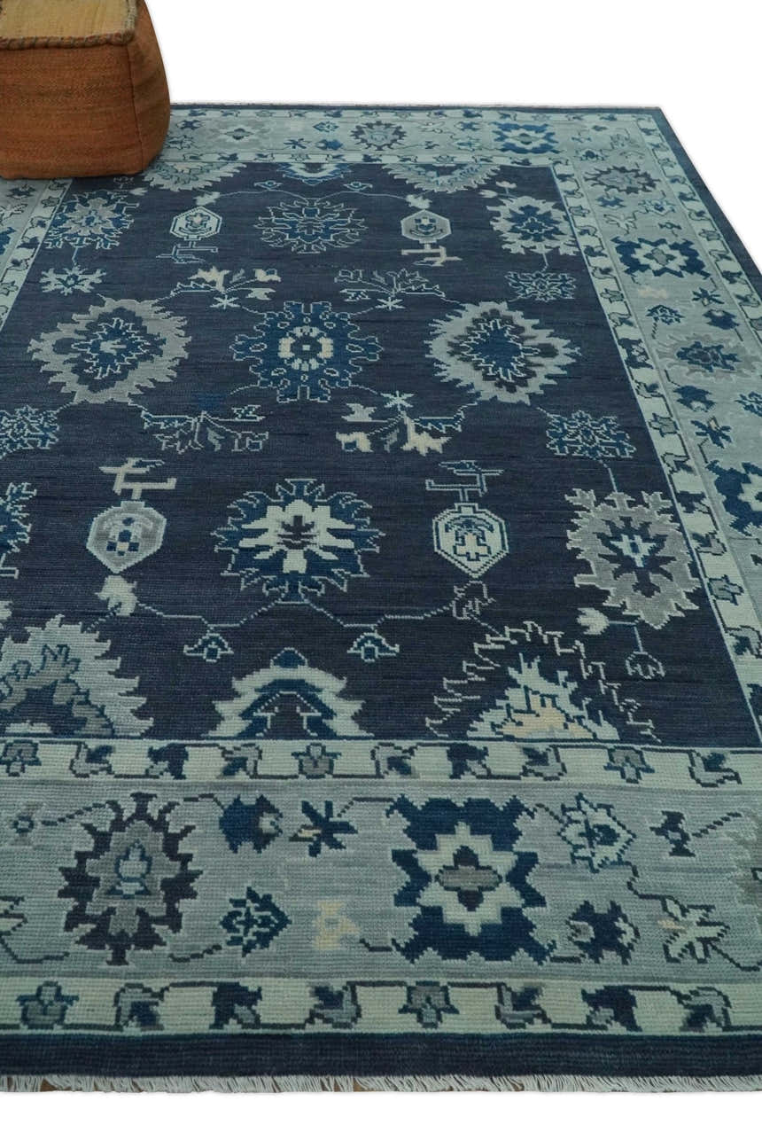 Hand Knotted Blue, Silver and Ivory Traditional Oushak Vintage Style Wool Rug