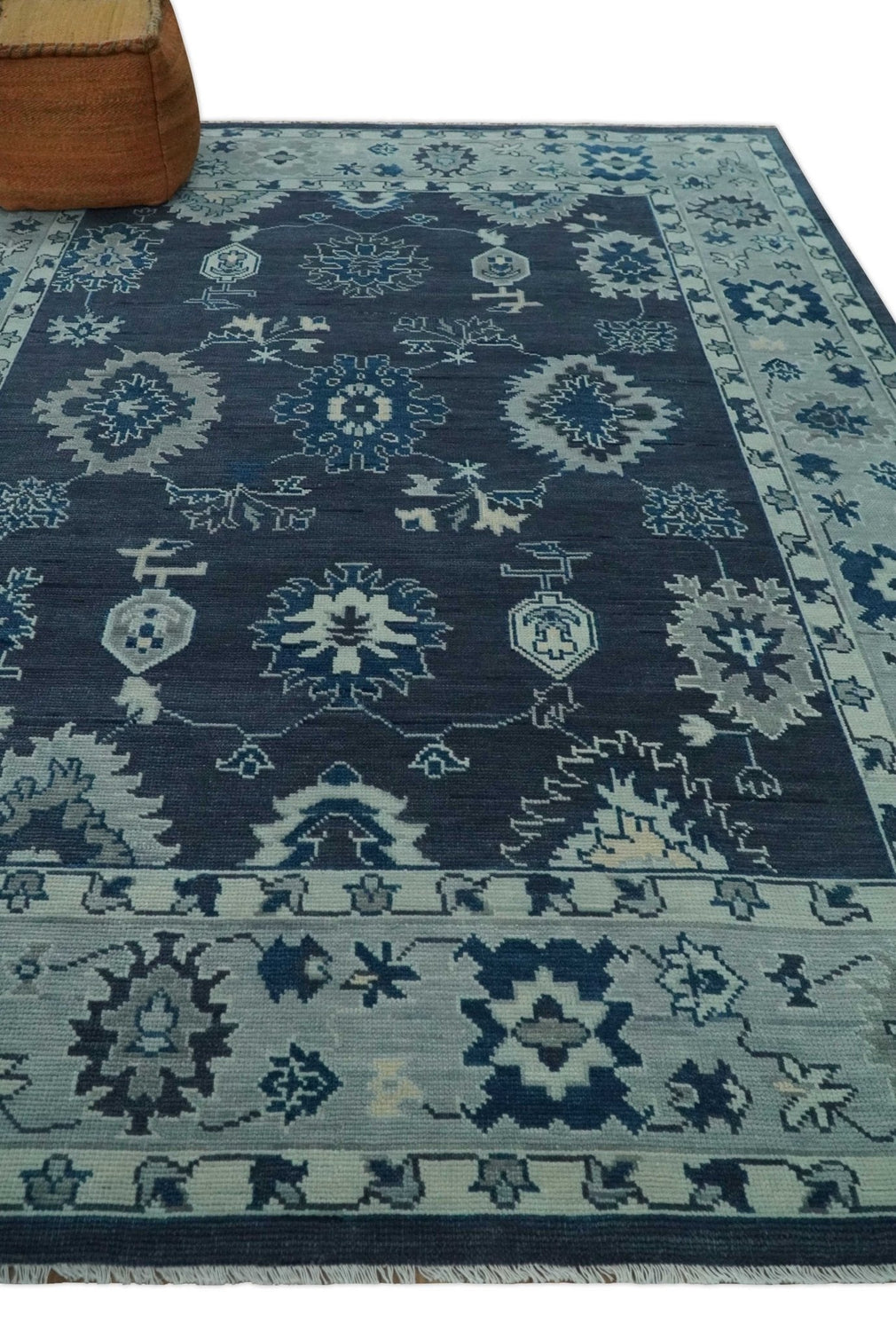 Hand Knotted Blue, Silver and Ivory Traditional Oushak Vintage Style Wool Rug