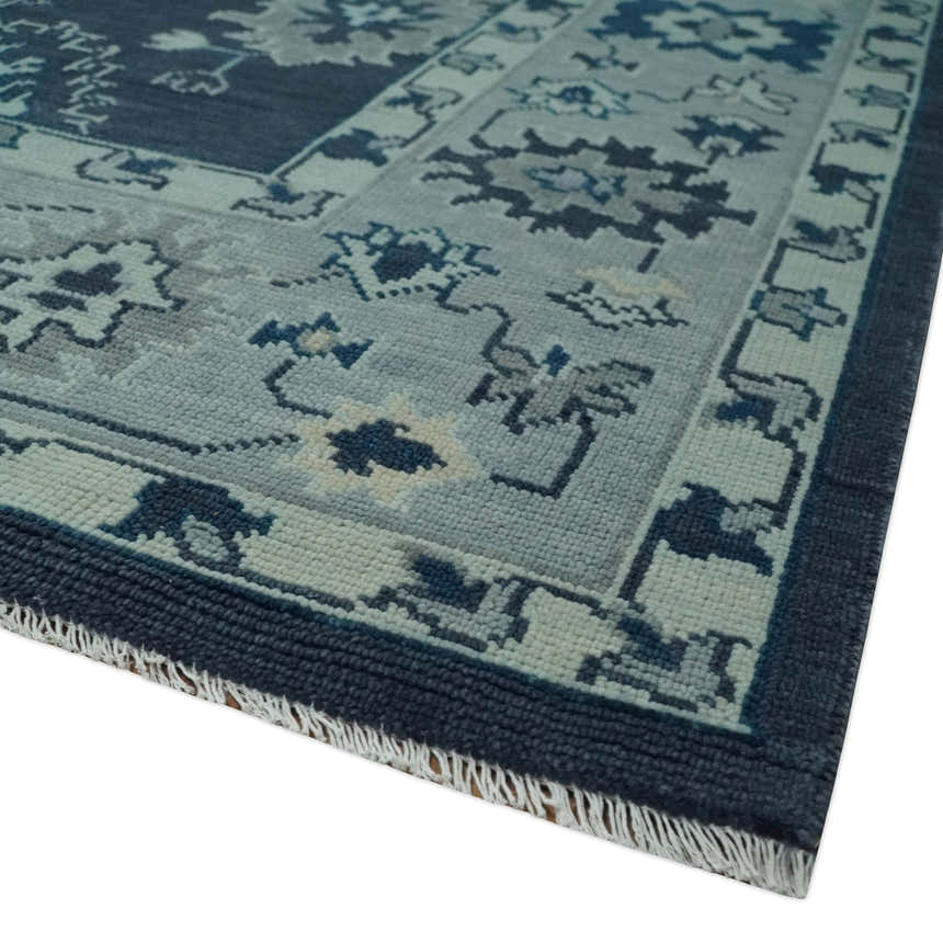 Hand Knotted Blue, Silver and Ivory Traditional Oushak Vintage Style Wool Rug