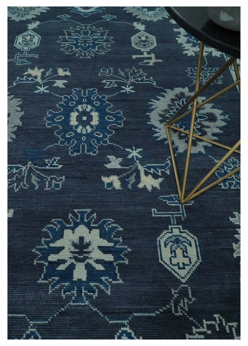 Hand Knotted Blue, Silver and Ivory Traditional Oushak Vintage Style Wool Rug