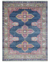 Hand Knotted Blue, Silver and Pink Traditional Heriz Serapi Wool Rug, Living Room and Bedroom Rug