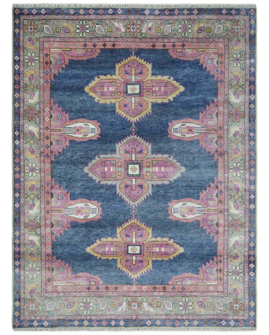 Hand Knotted Blue, Silver and Pink Traditional Heriz Serapi Wool Rug, Living Room and Bedroom Rug