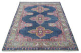 Hand Knotted Blue, Silver and Pink Traditional Heriz Serapi Wool Rug, Living Room and Bedroom Rug
