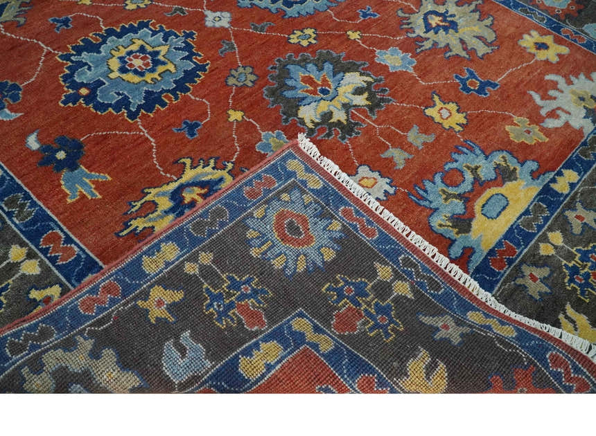 Hand Knotted Brown, Blue and Charcoal colorful Traditional Oushak Wool Area Rug