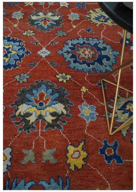Hand Knotted Brown, Blue and Charcoal colorful Traditional Oushak Wool Area Rug