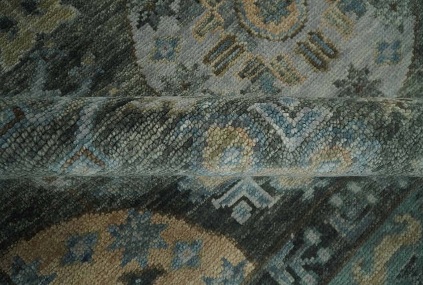 Hand Knotted Charcoal, and Aqua Oriental Khotan Multi Size Traditional Wool Area Rug
