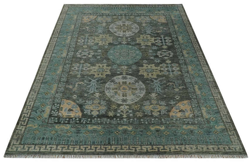 Hand Knotted Charcoal, and Aqua Oriental Khotan Multi Size Traditional Wool Area Rug