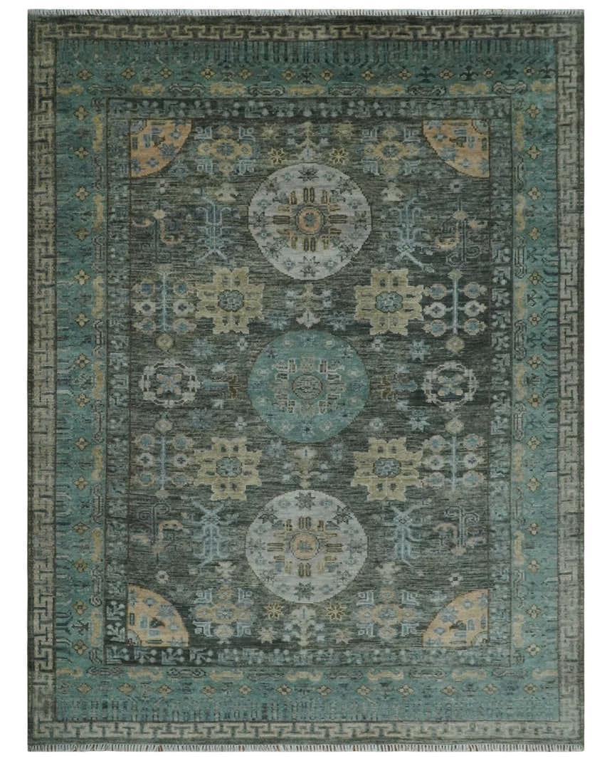 Hand Knotted Charcoal, and Aqua Oriental Khotan Multi Size Traditional Wool Area Rug
