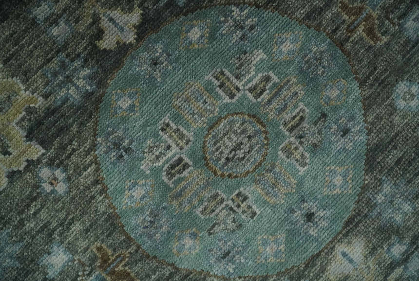 Hand Knotted Charcoal, and Aqua Oriental Khotan Multi Size Traditional Wool Area Rug