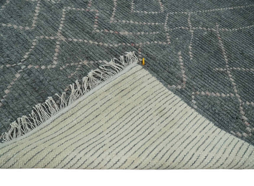 Custom Made Hand Knotted Charcoal and Ivory Moroccan Trellis Rug