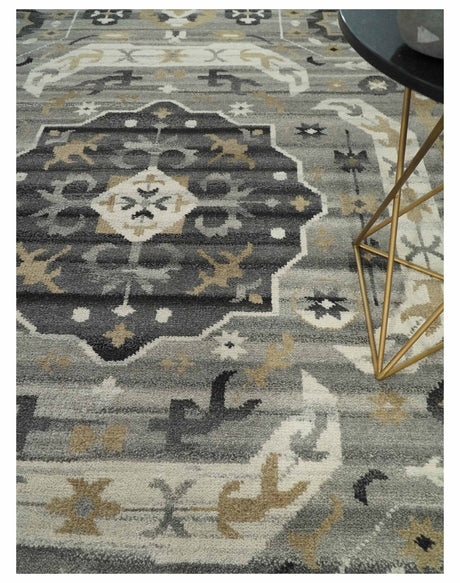 Hand Knotted Charcoal, Ivory and Beige Traditional Medallion Natural Wool Multi Size Area Rug, Kids, Living Room and Bedroom Rug