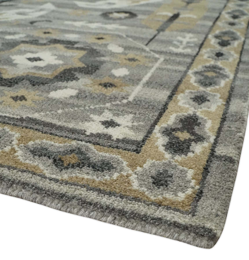 Hand Knotted Charcoal, Ivory and Beige Traditional Medallion Natural Wool Multi Size Area Rug, Kids, Living Room and Bedroom Rug