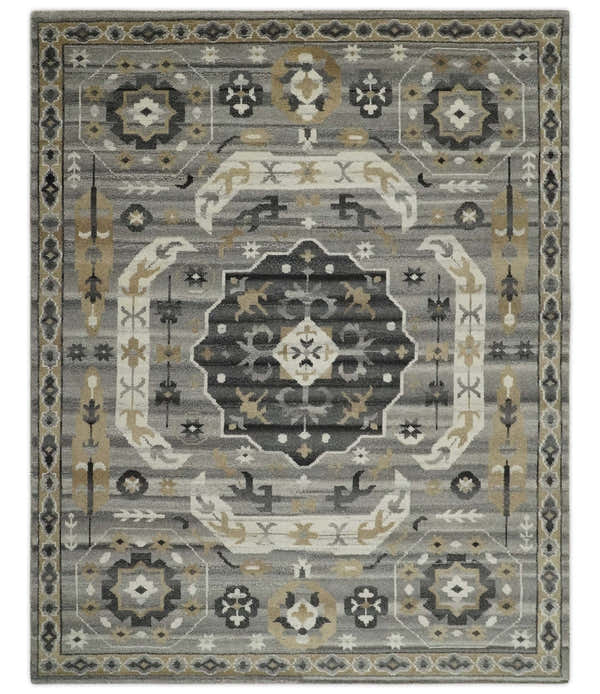 Hand Knotted Charcoal, Ivory and Beige Traditional Medallion Natural Wool Multi Size Area Rug, Kids, Living Room and Bedroom Rug