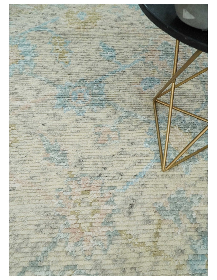 Contemporary Ivory and Blue Hand Knotted Multi Size Rug
