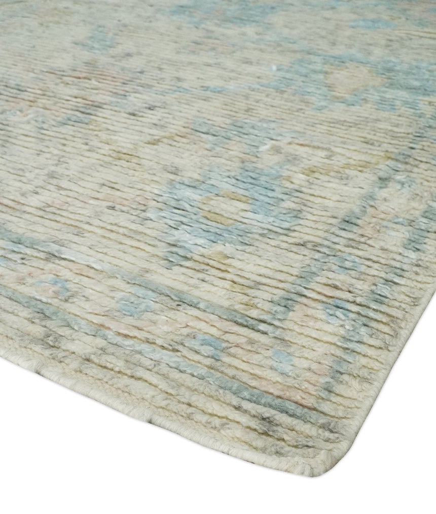 Contemporary Ivory and Blue Hand Knotted Multi Size Rug