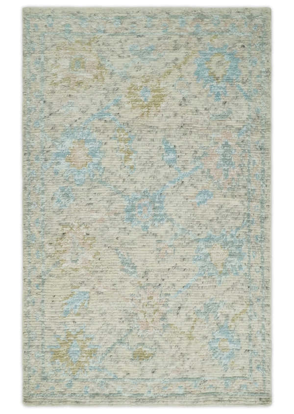 Contemporary Ivory and Blue Hand Knotted Multi Size Rug