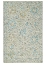 Contemporary Ivory and Blue Hand Knotted Multi Size Rug