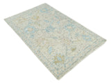 Contemporary Ivory and Blue Hand Knotted Multi Size Rug