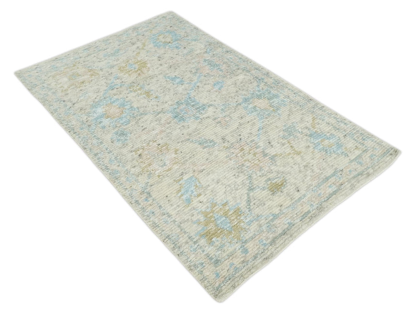 Contemporary Ivory and Blue Hand Knotted Multi Size Rug