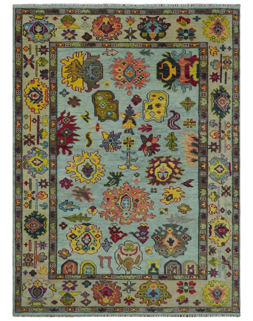 Hand Knotted Custom Made Blue and Beige Modern Oushak Wool Area Rug