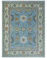 Hand Knotted Custom Made Blue and Ivory Traditional Oushak Wool Rug