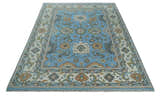 Hand Knotted Custom Made Blue and Ivory Traditional Oushak Wool Rug