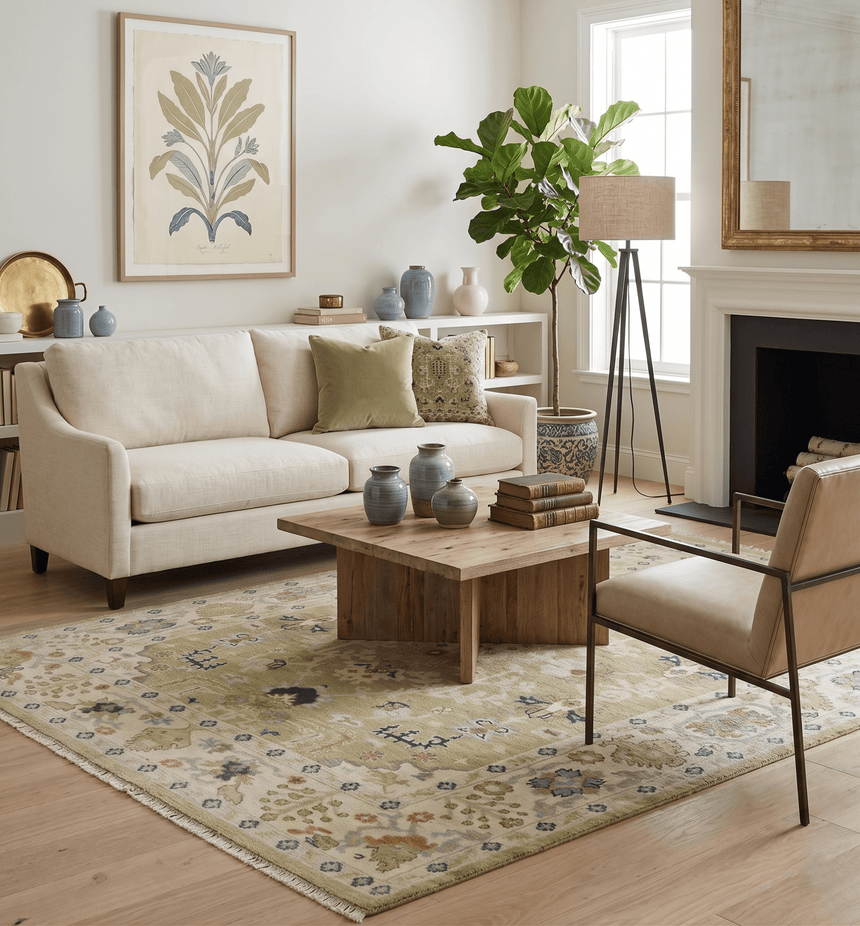 Hand Knotted Custom Made Olive, Silver and Beige Traditional Wool Rug