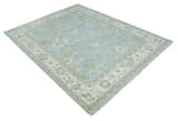 Hand Knotted Custom Made Oriental Oushak Aqua, Ivory and Beige Wool Area Rug