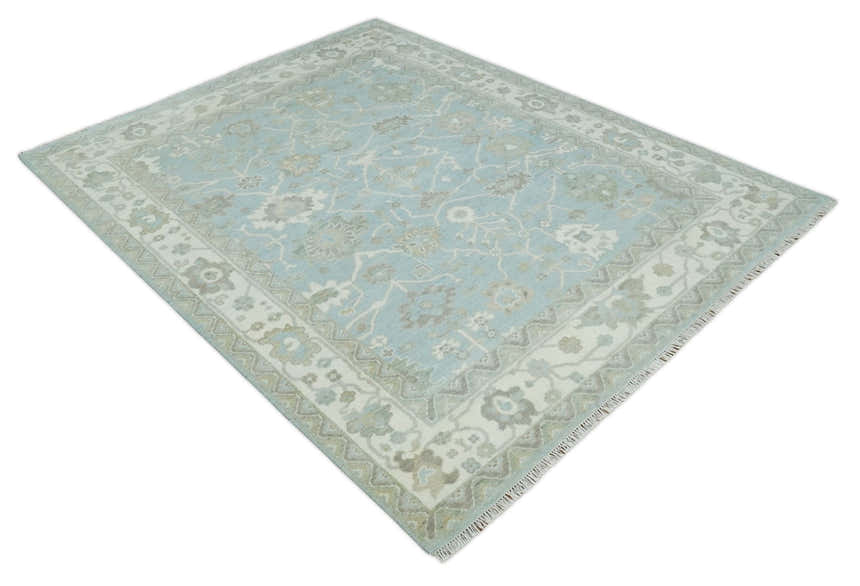 Hand Knotted Custom Made Oriental Oushak Aqua, Ivory and Beige Wool Area Rug