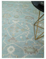 Hand Knotted Custom Made Oriental Oushak Aqua, Ivory and Beige Wool Area Rug
