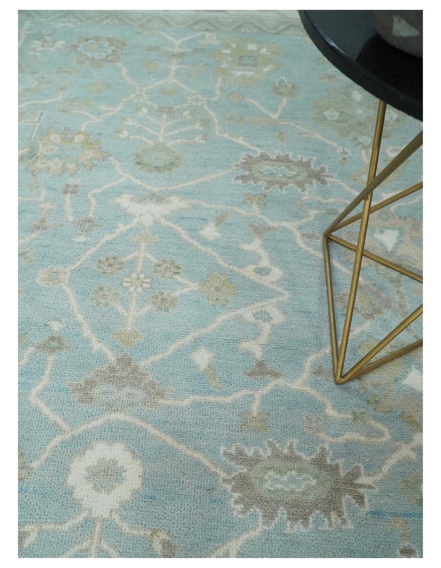 Hand Knotted Custom Made Oriental Oushak Aqua, Ivory and Beige Wool Area Rug