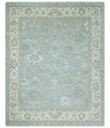 Hand Knotted Custom Made Oriental Oushak Aqua, Ivory and Beige Wool Area Rug