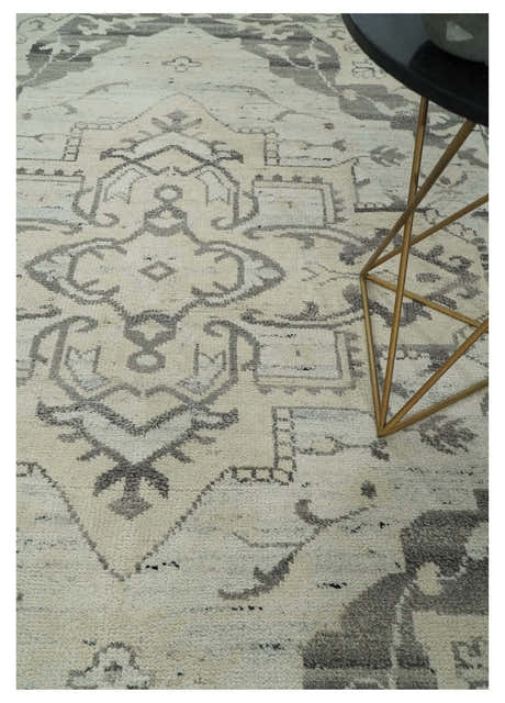 Hand Knotted Earthy Neutral Serapi Wool Rug, Charcoal, Beige and Ivory