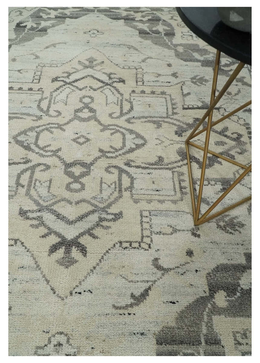 Hand Knotted Earthy Neutral Serapi Wool Rug, Charcoal, Beige and Ivory