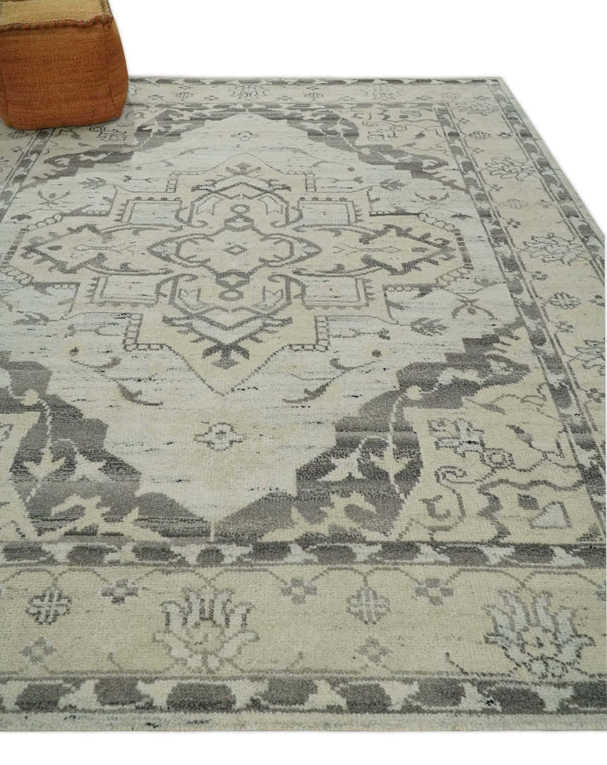 Hand Knotted Earthy Neutral Serapi Wool Rug, Charcoal, Beige and Ivory