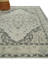 Hand Knotted Earthy Neutral Serapi Wool Rug, Charcoal, Beige and Ivory