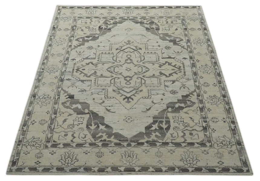 Hand Knotted Earthy Neutral Serapi Wool Rug, Charcoal, Beige and Ivory