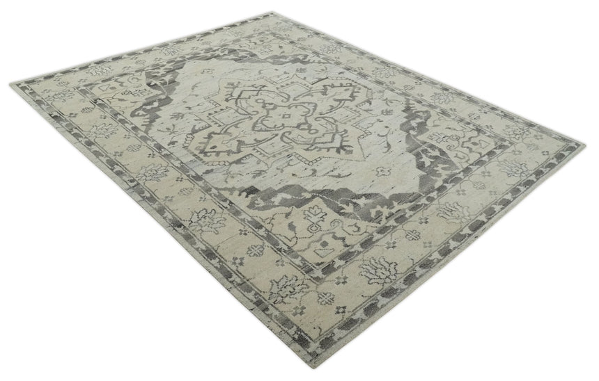 Hand Knotted Earthy Neutral Serapi Wool Rug, Charcoal, Beige and Ivory