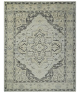 Hand Knotted Earthy Neutral Serapi Wool Rug, Charcoal, Beige and Ivory